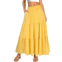 Womens Boho Maxi Skirt Elastic High Waist A Line Flowy Ruffle Spring Beach Long Skirt with Pockets