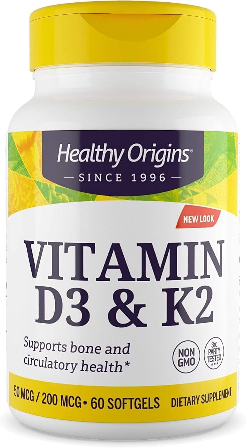 Healthy Origins Vitamin D3 & K2 – Vitamin D3, 50 mcg – Vitamin K2, 200 mcg – Easily Absorbable Vitamin D & Vitamin K Supplements – Non-GMO & Gluten-Free Supplements – 60 Softgels