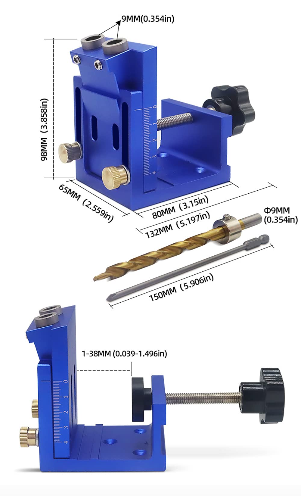 Toplionace Plantilla de Localizador de Agujeros de Bolsillo, Broca Escalonada para carpintería, Juego de 9mm para Herramienta de Ferretería de carpintero (Azul)
