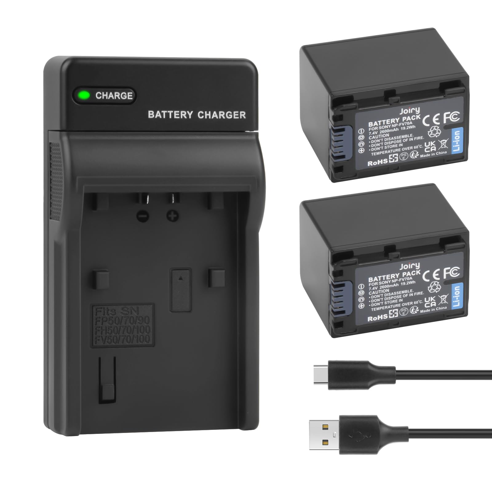 2X NP-FV70 NP-FV70A Batterie de Rechange et Chargeur Double Compatible avec Sony DCR-SR88/SR15/SX21/SX44/SX45/SX63/SX65/SX83/SX85,FDR-AX100,HDR-CX150/CX155/CX160/CX190 caméra