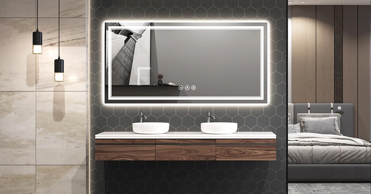SOGOLINE 55x30 Inch Lighted Bathroom Mirror for Wall, Tempered Glass Smart Led Bathroom Mirror with Anti-Fog, Stepless Dimmable, 3 Colors, Memory, Brighter Led Bathroom Vanity Mirror