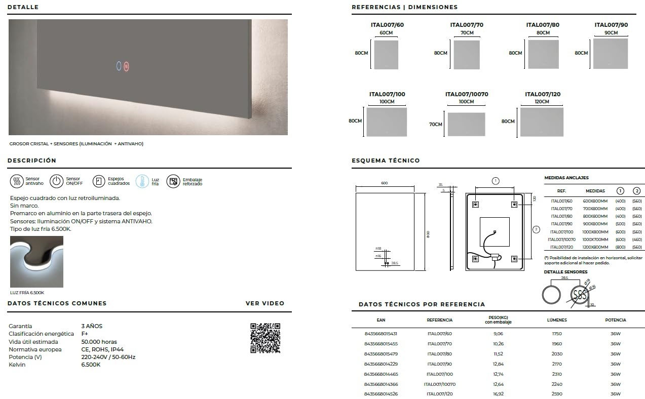 Mice - Espejo con luz led de Pared para Baño, Dormitorio, Vestdor - Espejo retroiluminado, luz fría, con Doble Sensor, antivaho y on/Off - Espejo de Maquillaje con luz - Medida 90X80 cm