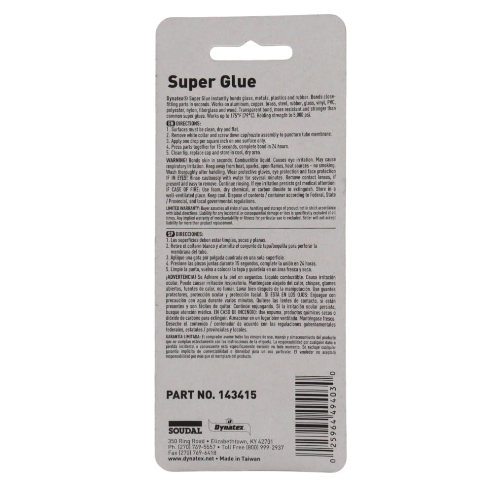 Dynatex .10 oz Super Glue Instant Adhesive - Bonds Glass Metal Plastic Rubber, 5000 PSI Strength, Clear Bond, Up to 175°F, Stronger Than Standard (10-Pack)