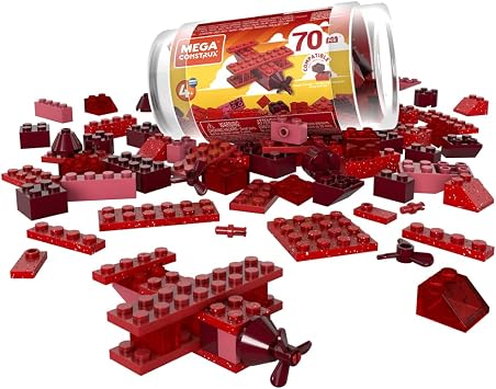 Mega Construx Wonder Builders Tubes of Color Blocks - 70 Blocks of Different Shapes, Sizes and Shades of Red  Compatible with Major Brands  Ages 4 and Up