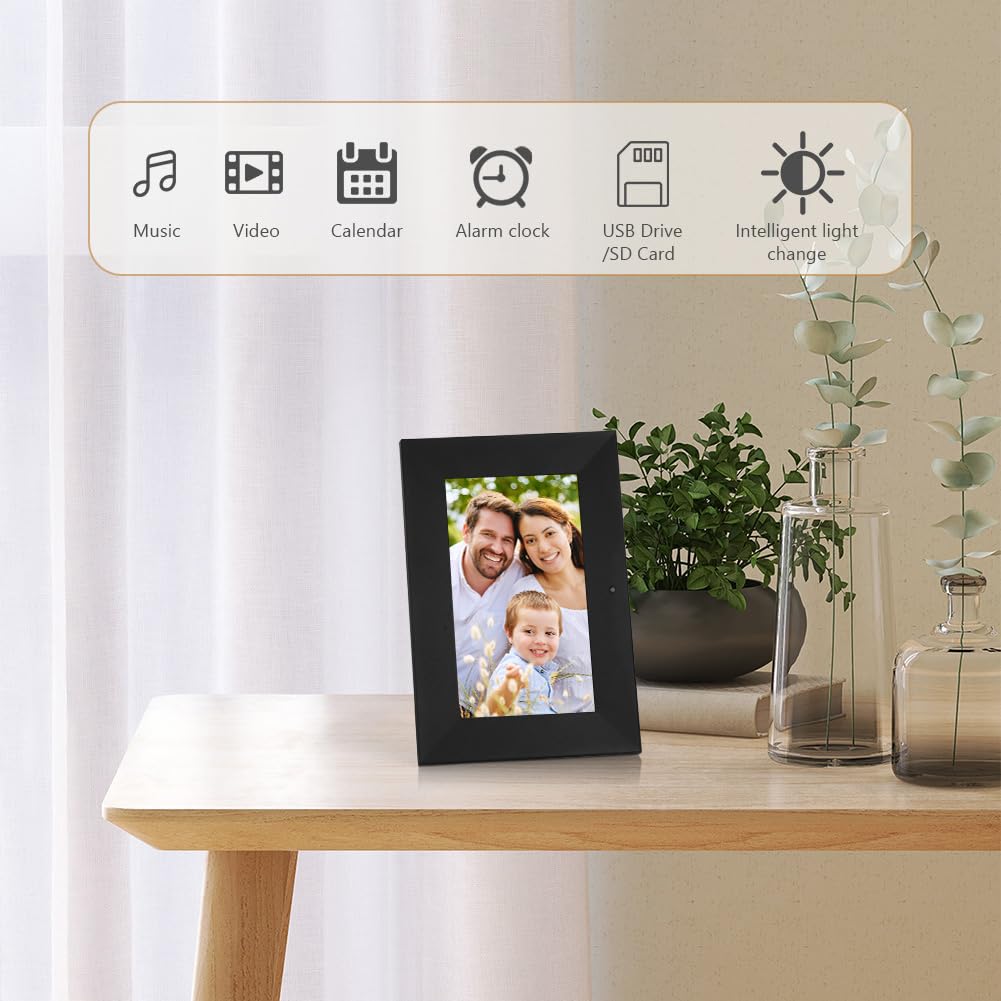 Vicloon 17,8 cm cyfrowa ramka na zdjęcia, HD ekran IPS, odtwarzacz zdjęć/muzyki/wideo/kalendarz/alarm, z pilotem zdalnego sterowania, obsługa kart USB/SD, możliwość montażu na ścianie (bez WiFi)