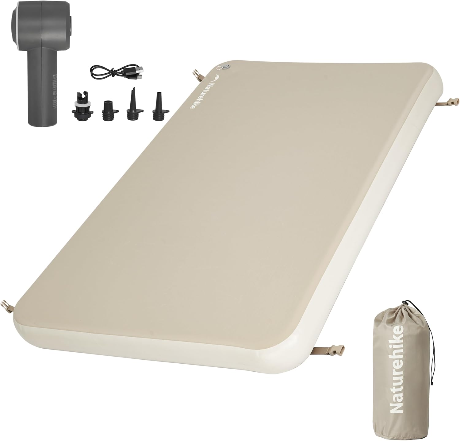 Naturehike 4" Drop Stitch Double Sleeping Pad with Electric Pump, 882 LBS Non-Collapsible Strong Support, Connectable Camping Mattress, Full Size Inflatable Air Mattress for Home, Camping, Guest