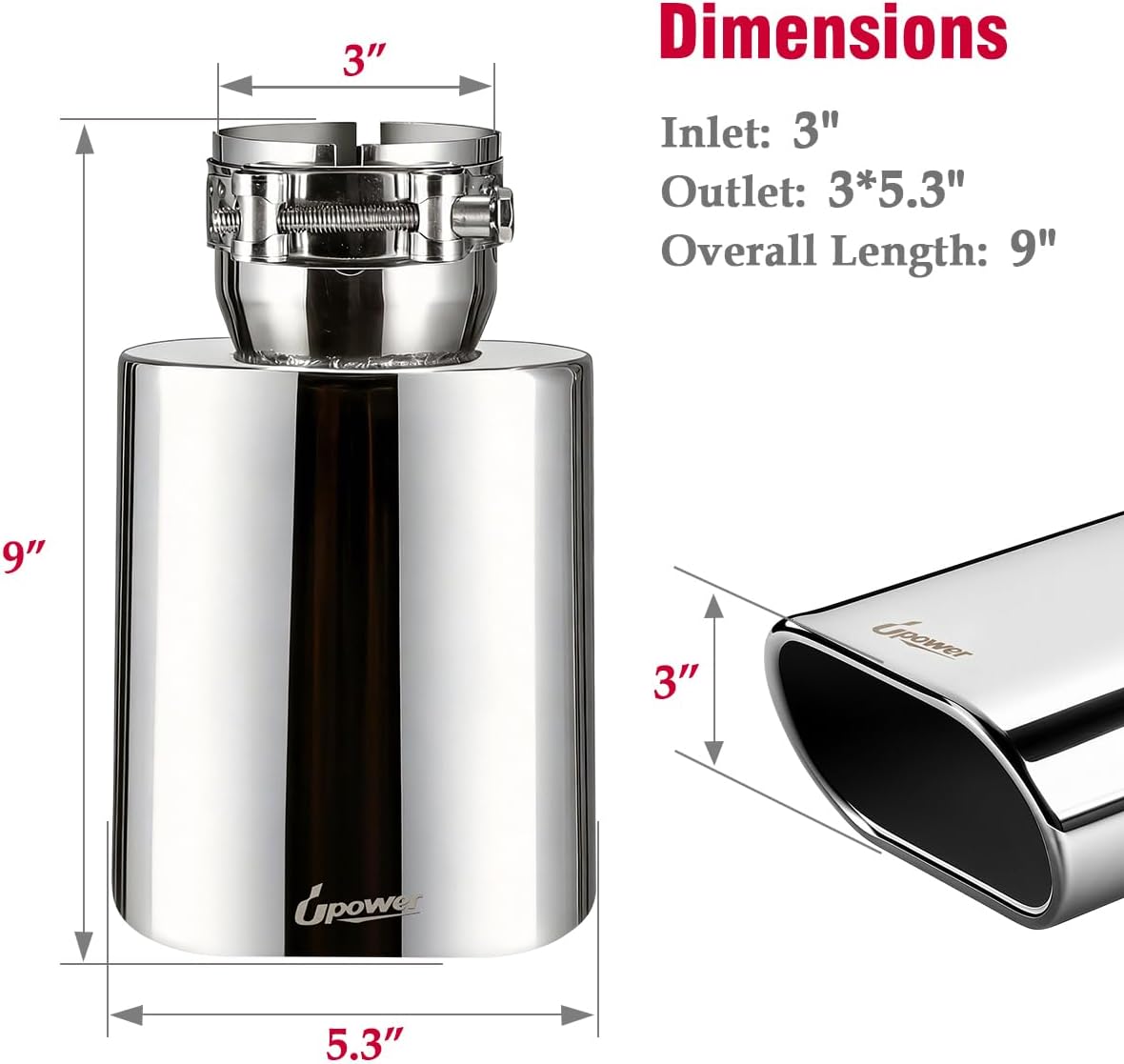 Upower Square Exhaust Tip 3" Inlet, 3" x 5.3" Outlet 9" Long Stainless Steel Polished Rectangle Exhaust Tailpipe Tip, Clamp on Design