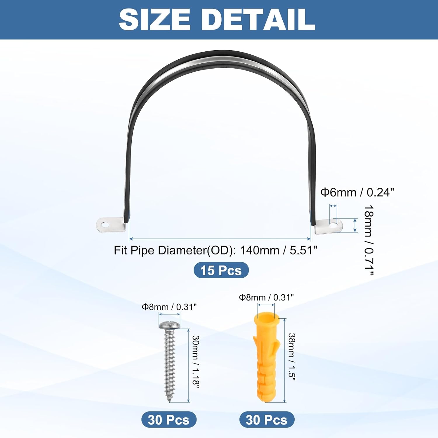 uxcell 15 Pcs Pipe Strap Clamp, 140mm(5.51") Rubber Cable Clamp Rubber Cushioned 304 Stainless Steel U Bracket Tube Holder Support with Screws for Water Pipe HVAC Cable Management