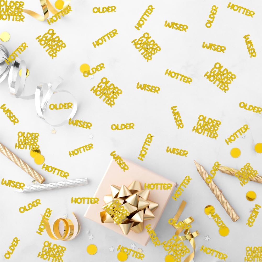 Older Wiser Hotter Glitter Confetti for Gold Birthday Party Table Scatters, Sprinkling Decorations for Women Men 25th 30th 40th 50th 60th 70th 80th Birthday Anniversary Paper Confetti (100 PCS)