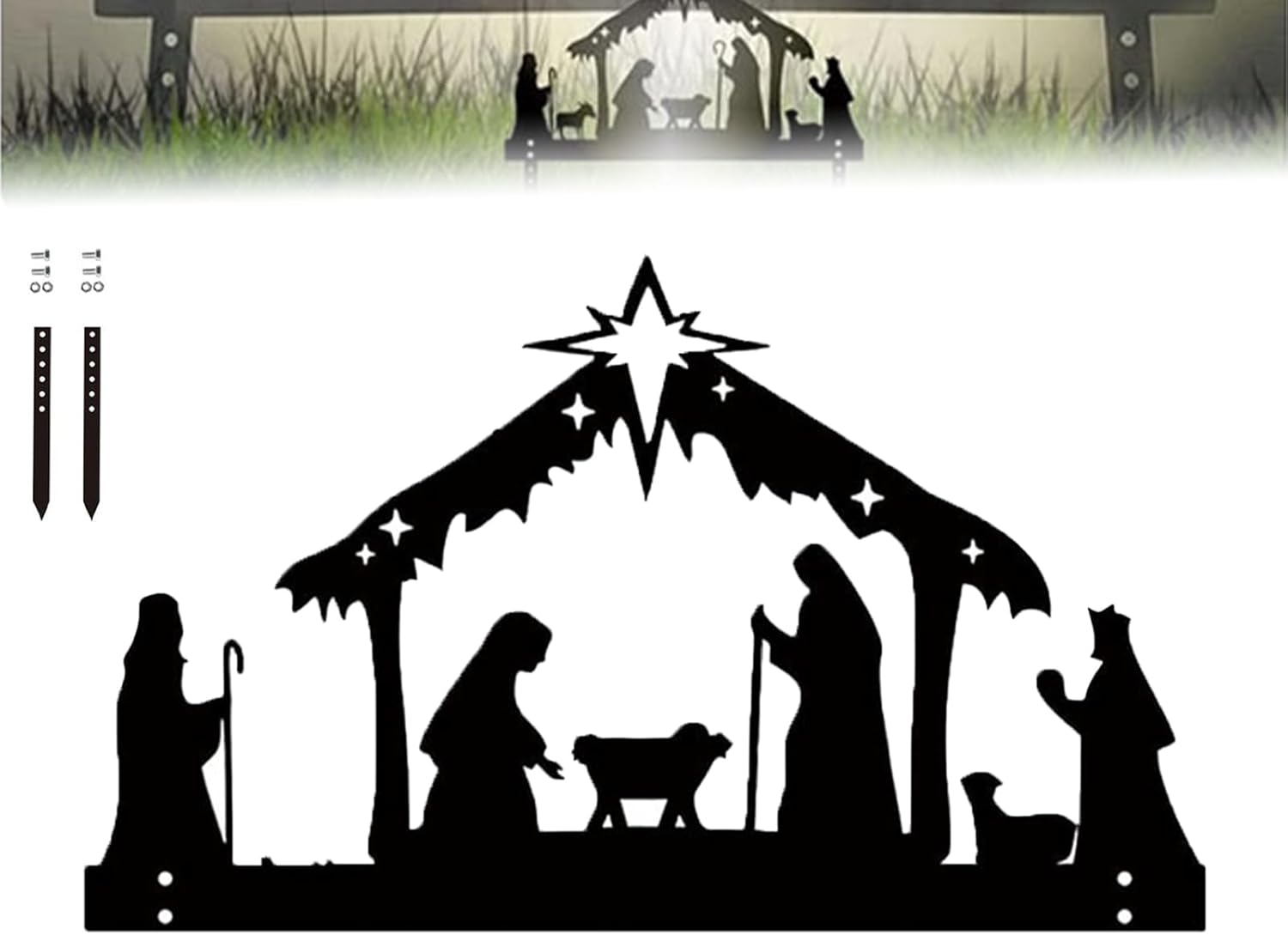 Outdoor Christmas Decor with Stable,Metal Nativity Scene Yard Stake,Star & Holy Family Silhouette for Lawn and Garden