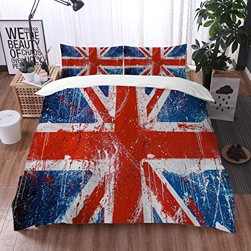 3 Teilig Bettgarnitur Bettwäsche,Retro Die Union Flagge von UK Union Jack Red Navy Blue,Gemütlich 3D Mikrofaser Bettbezug Set + 2 Kissenbezug 135 x 200 cm