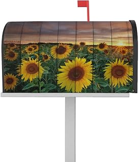 Mailbox Cover Magnetic Country Sunflower Green Plant Sunset Mailbox Covers Standard Size 21x18in,Mailbox Covers Wrap Post Letter Box Cover for Garden Yard Outdoor Yellow Watercolor Floral Retro Plank