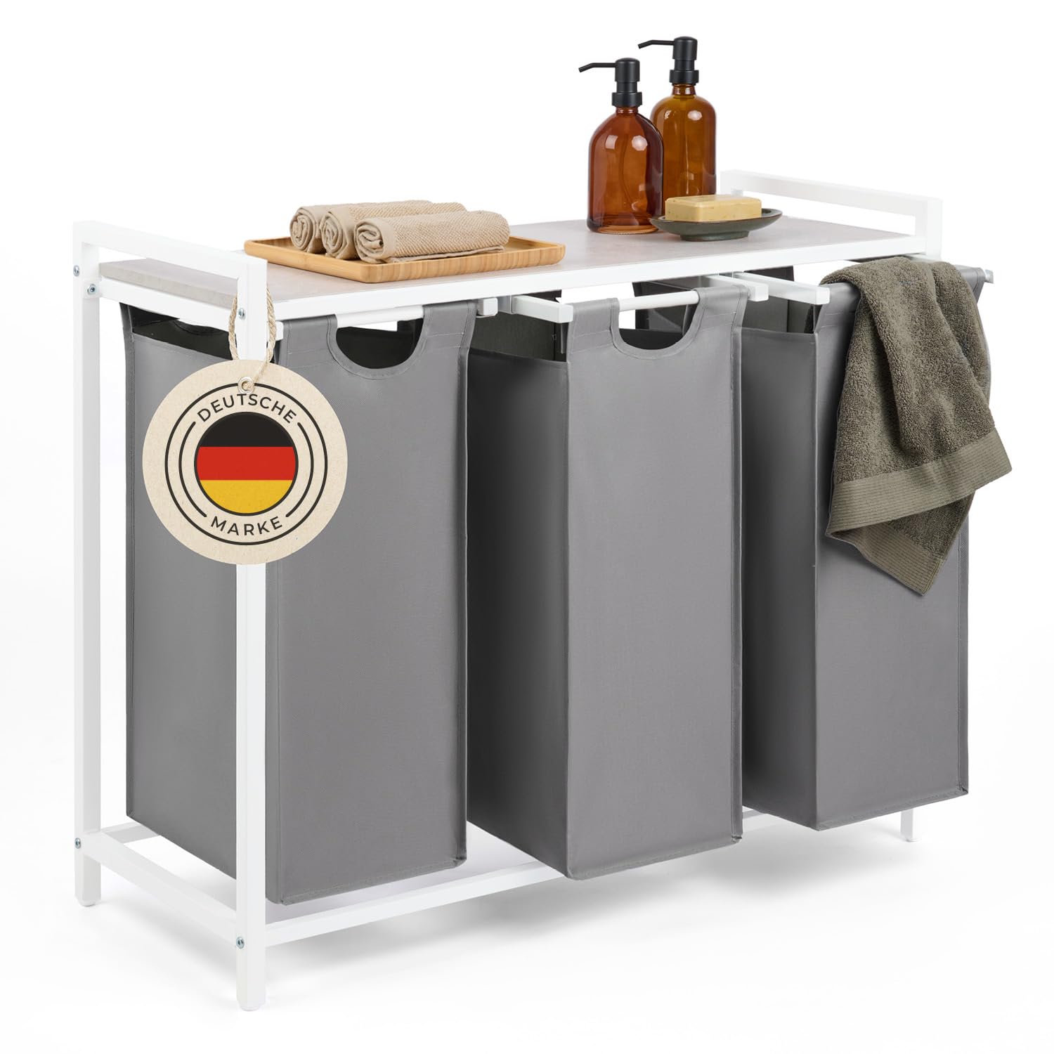 Blumtal Wäschesammler 3 Fächer Grau - Wäschekorb mit Ablage in Beton-Optik - Wäscheschrank mit Metall-Rahmen in Weiß - Wäschekorb mit Beinen - Wäschetrenner 3 Fächer - Laundry Hamper