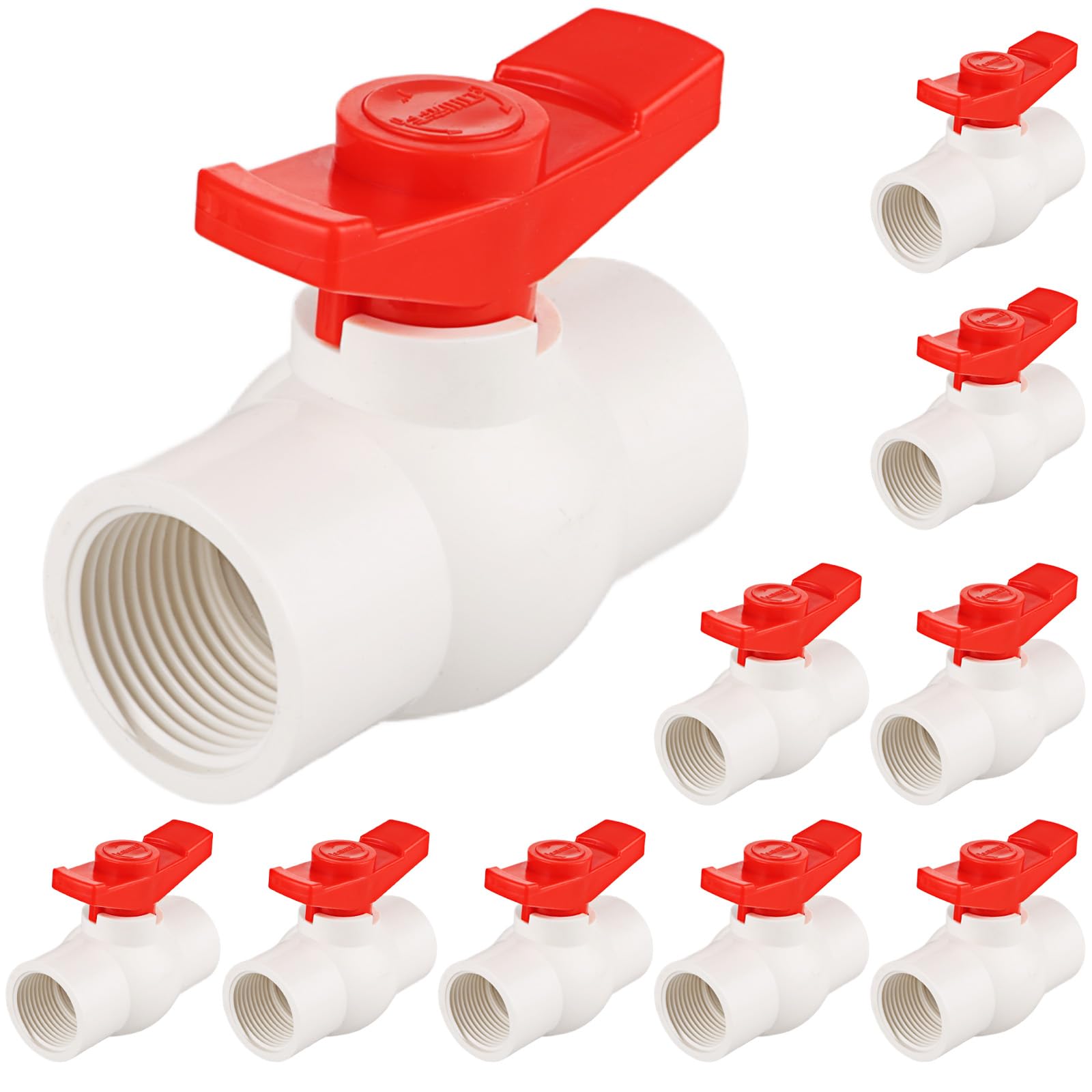 ABuff 10 Pack 1 Inch PVC Ball Valve Water PVC Pipe Fitting Water Pipe Shut-off Ball Valve Threaded with Red Excellent Handle for Water Treatment, Irrigation, Water Supply lines