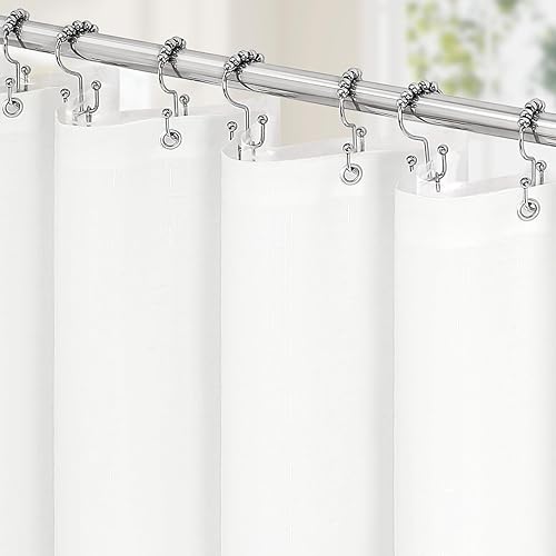 MitoVilla Juego de cortina de ducha 3 en 1, cortina de baño de lino texturizado estilo bohemio blanco de granja y forro transparente de PEVA con 12