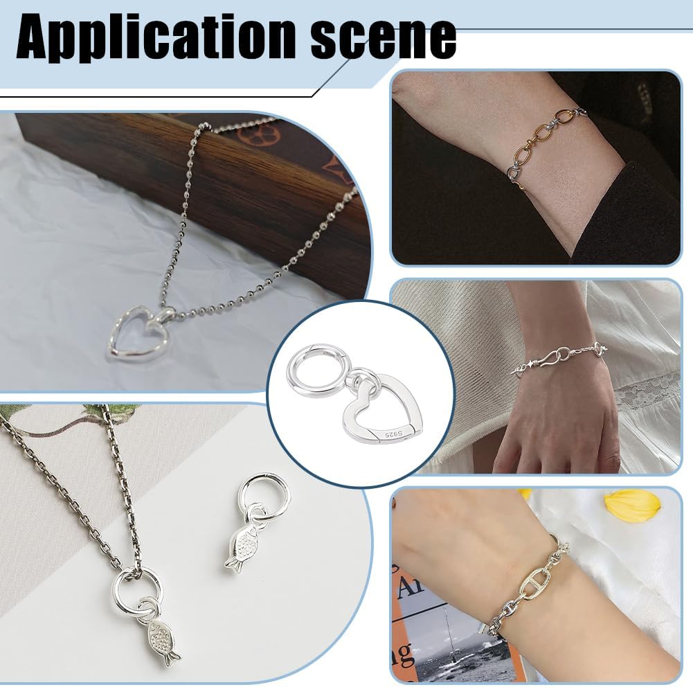 2Pcs 925 Sterling Silver Spring Gate Rings 2 Styles Heart Oval Carabiners Hook Clips Jewelry Clasp Keyring Snap Hook Buckle for Keys Necklace Bracelet Jewelry Making DIY Craft Supplies