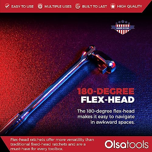 Olsa Tools Flex Head Ratchet 1313 | 3/8" Drive, 12" Long | Made In Usa | 180 Degree Flex Head Ratchet | 90 Tooth Socket Wrench | Chromium Molybdenum (Cr-Mo) Steel | Designed For Professional Mechanics #TOP1