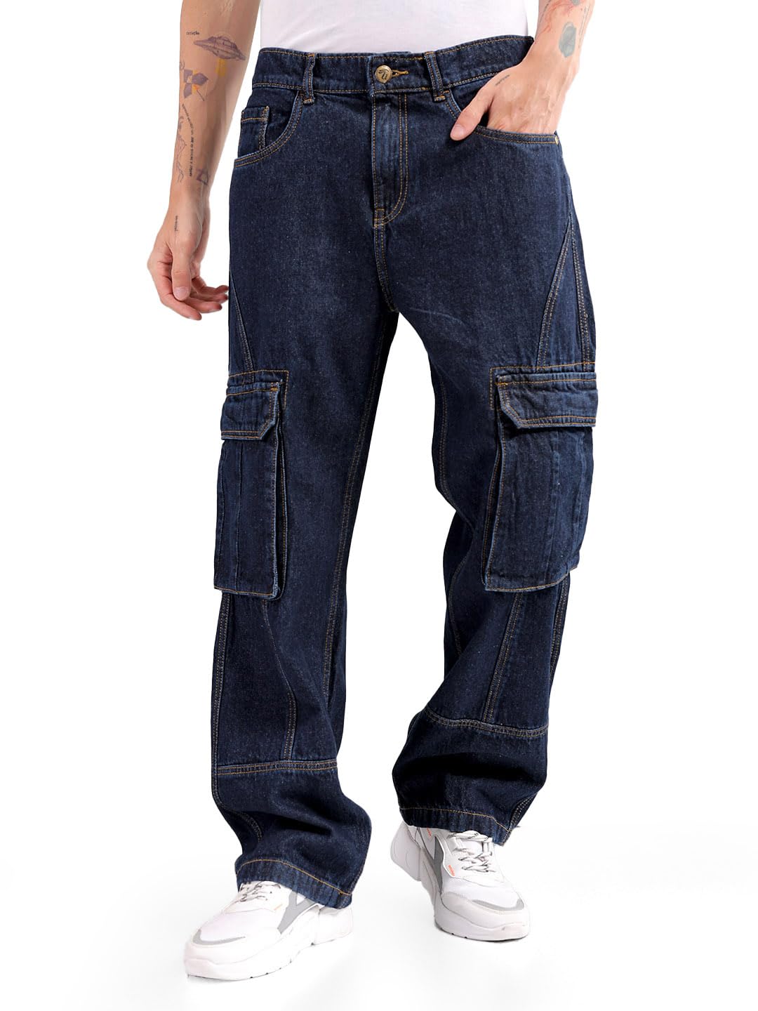 the indian garage co Men Mid Rise Relaxed Fit Distressed Cargos Denim-picture-48