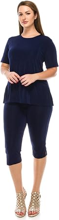 Jostar Womens 2 Piece Set Short Sleeve T Shirts Top and Capri Pants with Side Slit Solid Casual Outfit