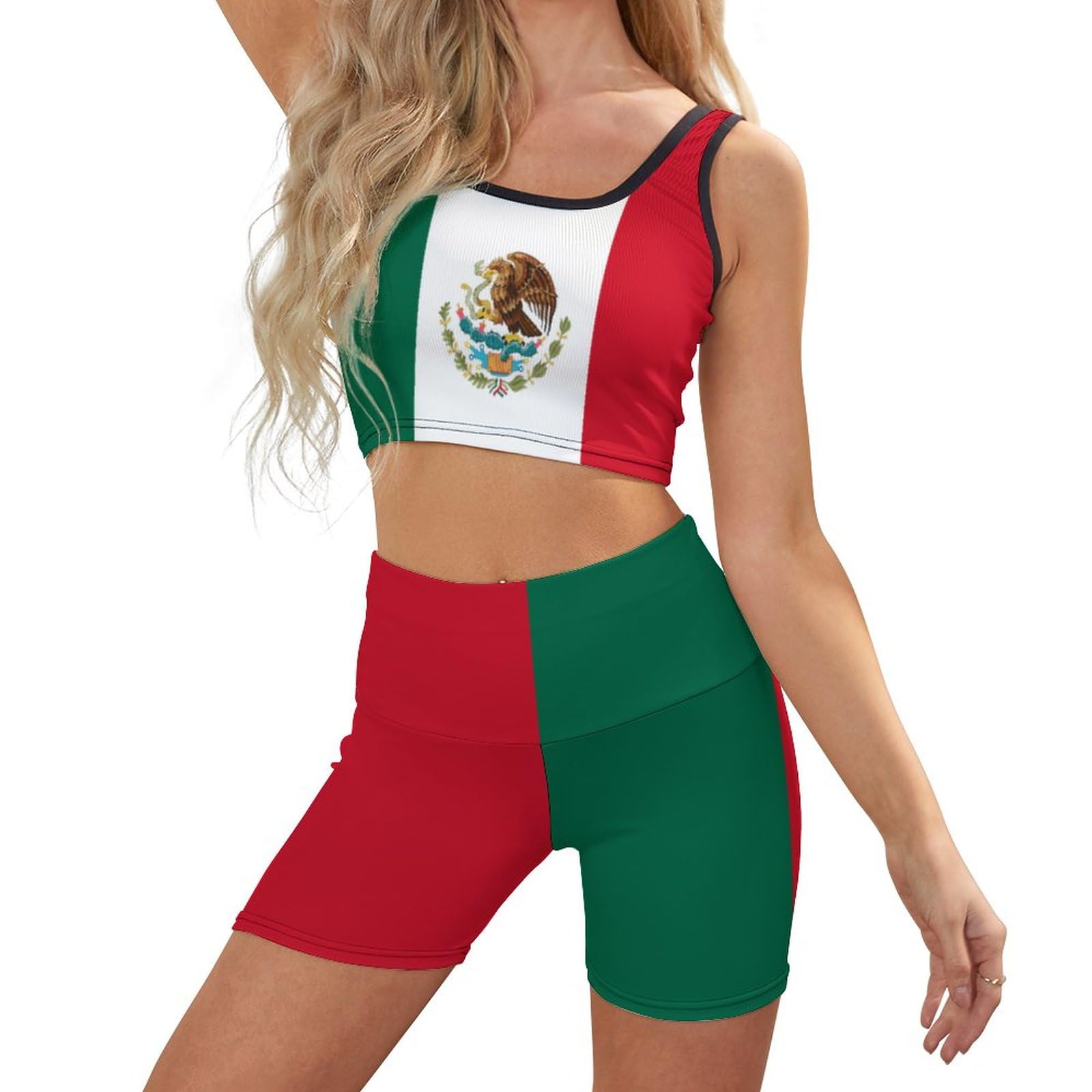 Bagea-KaMexico Flag Pattern Women Yoga Vest Set Workout 2 Piece Outfits Ribbed Gym Clothes for Women Girl's