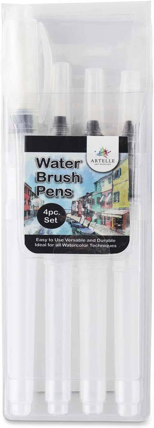 Artelle Water Brush Pens Set, 4 Assorted Tips, Refillable Aqua Brushes, Perfect for Watercolour Effects, Use with Watercolour Brush Pens, Watercolour Pencils, Ink, Water Soluble Paints and Dyes