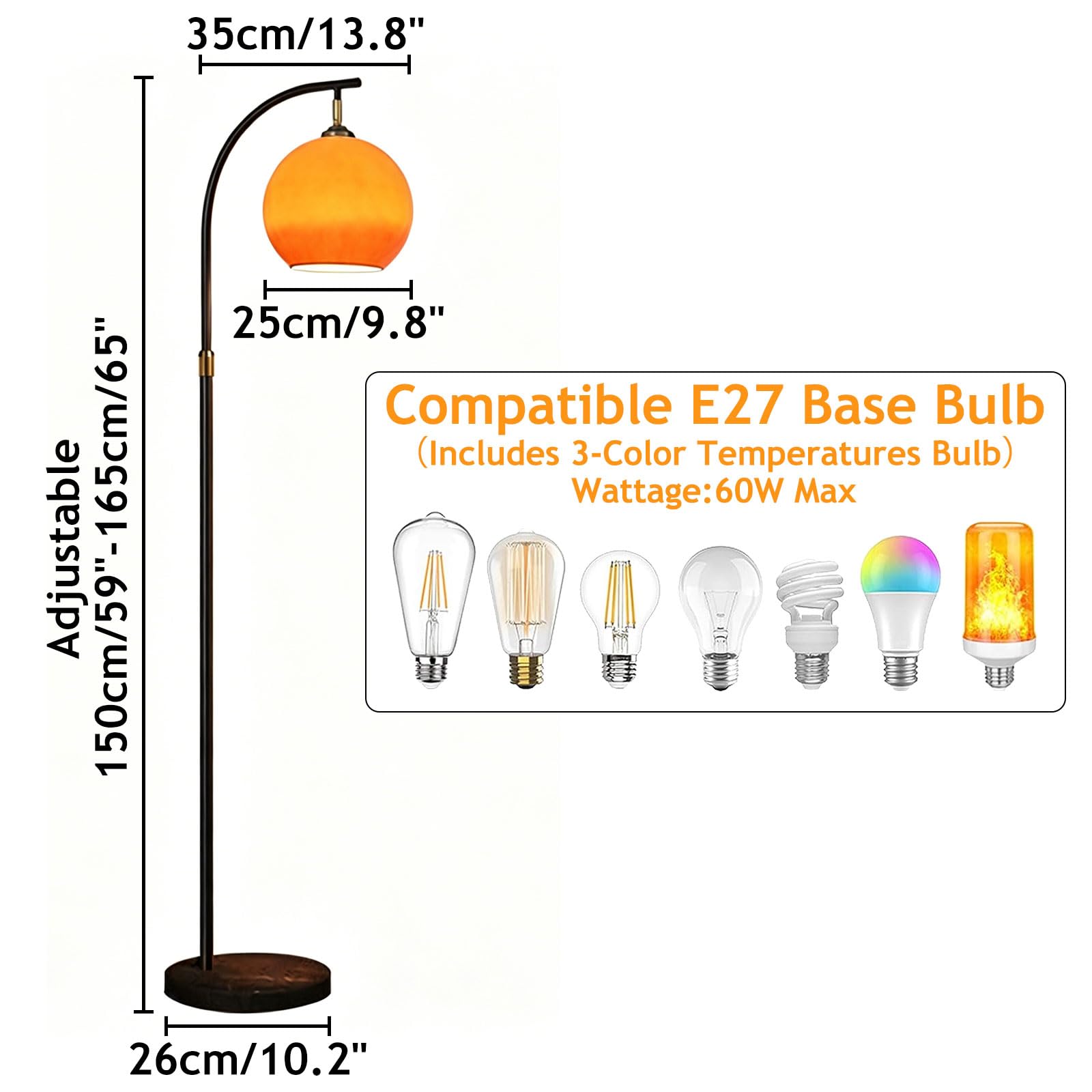 Lampe Sur Pied Arc Mid-Century Modern Orange, Hauteur Réglable, Globe En Verre, Douille E27, 3 Températures, Base En Marbre, Pour Salon, Chambre Ou Bureau (Ampoule Incluse)