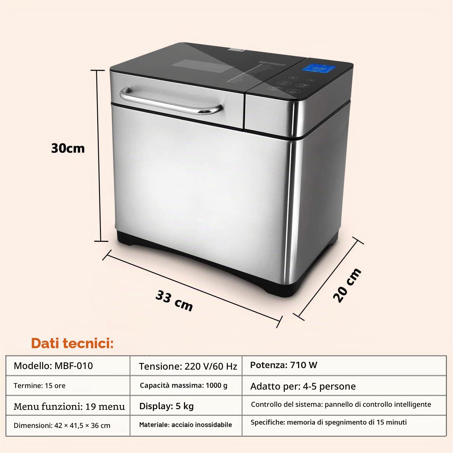 Macchina per il pane in acciaio inox, 19 programmi di cottura completamente automatica per 500 g, 750 g, 1000 g, timer di ritardo 15 ore con finestra con funzione di mantenimento del calore 710 W