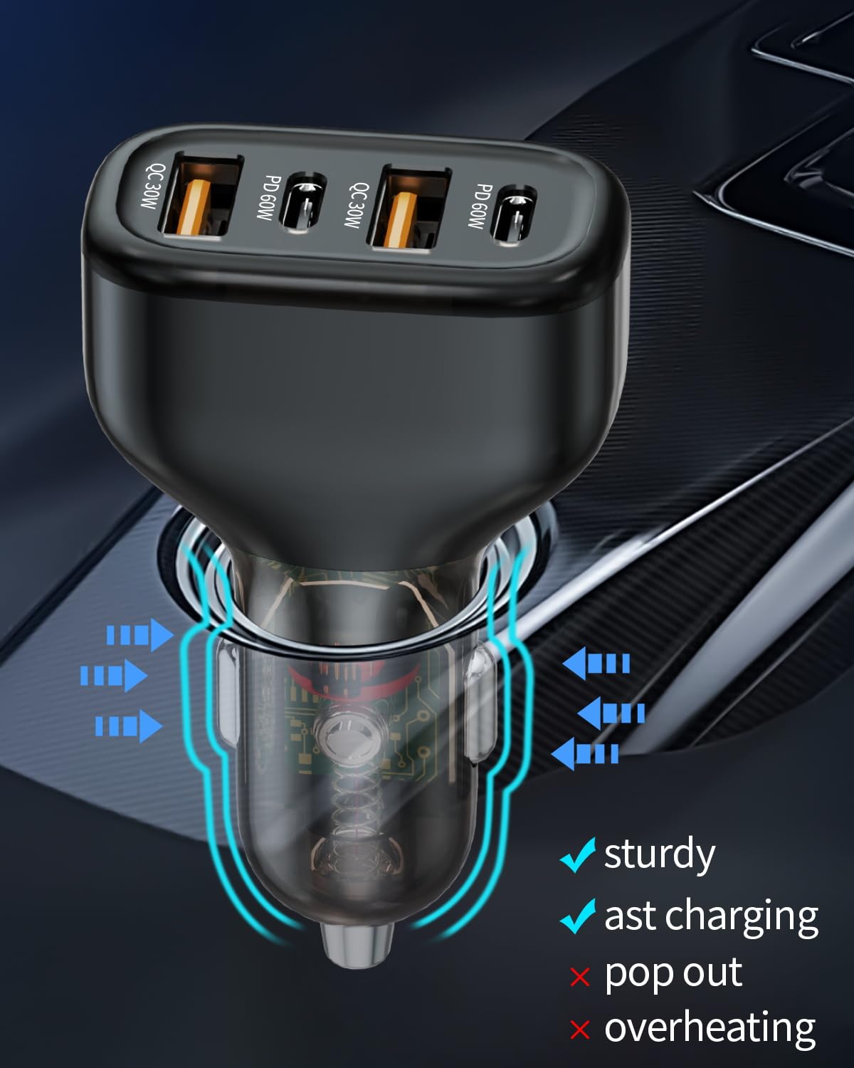 Ładowarka samochodowa 120 W, 4-portowy adapter USB C, adapter do zapalniczki samochodowej, falownik, super szybka ładowarka do iPhone'a 16/15/14/13/12/11