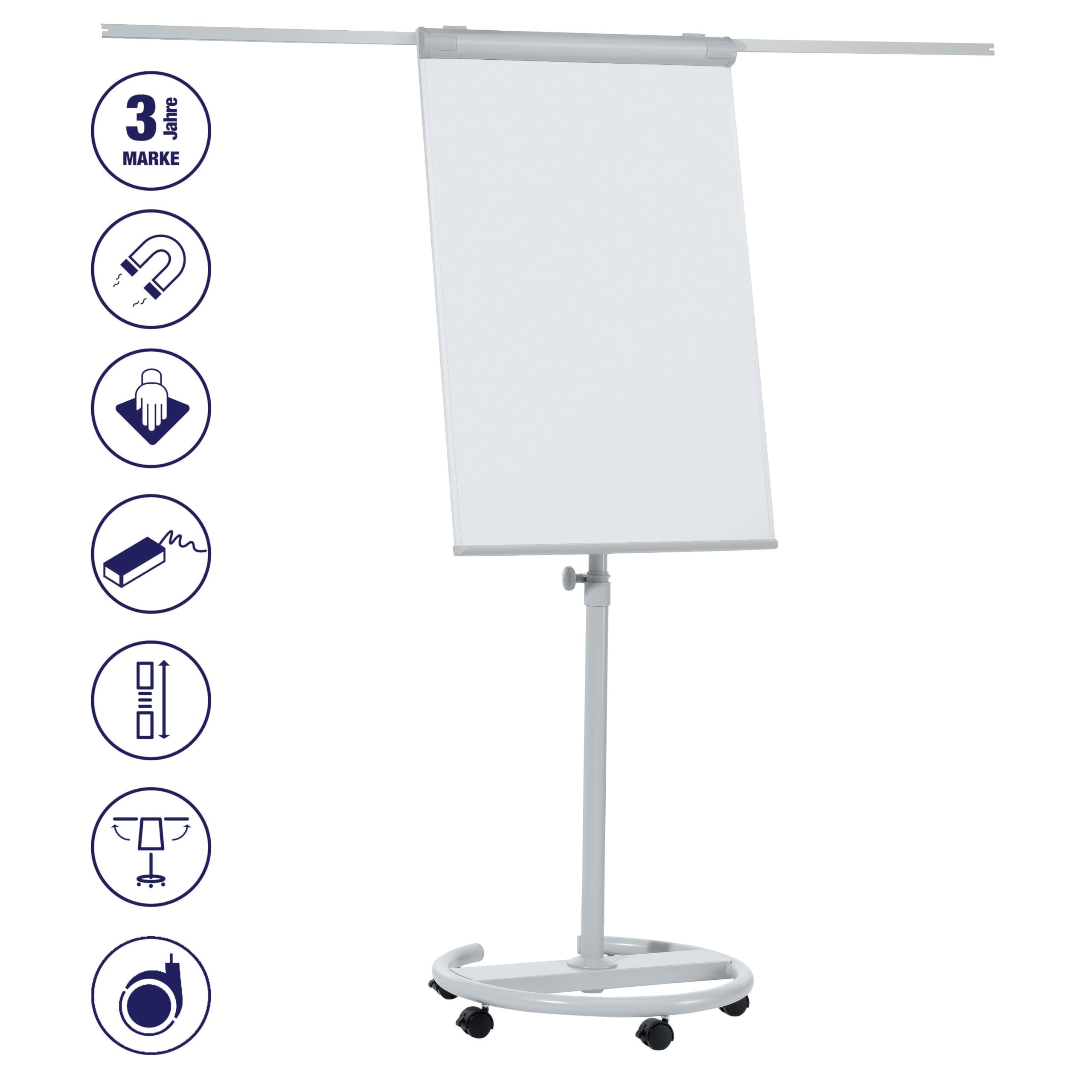 FRANKEN Flipchart, Beschreibbar, Magnetisch, Mobil, Mit Rollen und 2 Seitenarmen, Whiteboard mit Ständer, Papierhalterung und Stifteablage, 68 x 105 cm, ECO Mobil, F2400/N