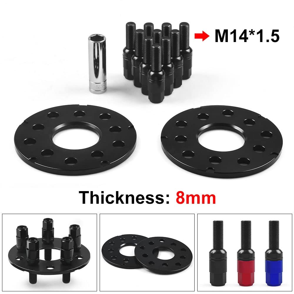 Aleación Aluminio Espaciadores 5mm 8mm para VW Adaptadores Espaciadores De Rueda De Coche PCD 5x100 5x112 CB 57,1mm Y Pernos De Bola M14 * 1,5(5mm Red)