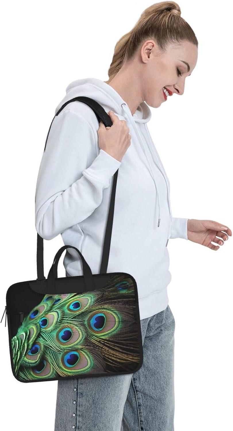 Laptop Shoulder Bag Messenger Bag Green Peacock Feather Laptop Bag Carrying Case for Men Women