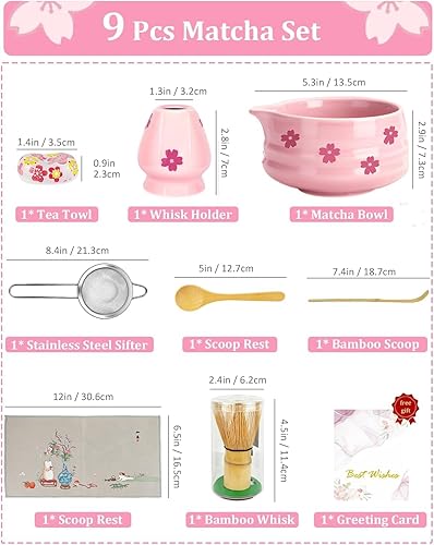 Miniatura 4 de Juego de 8 piezas de matcha de cerámica con tazón para batidor, soporte para kit de té matcha, cuchara de bambú, tamiz, toalla incluida, regalo de