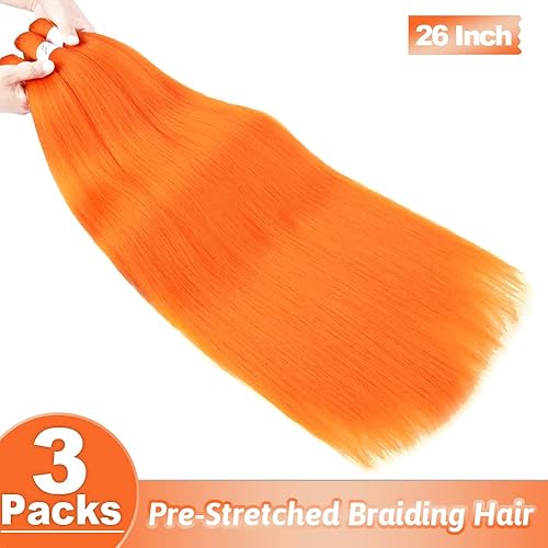 Miniatura 4 de Extensiones de cabello trenzado preestirado de 26 pulgadas, extensiones de cabello trenzado naranja Yaki, con ajuste de agua caliente, cabello