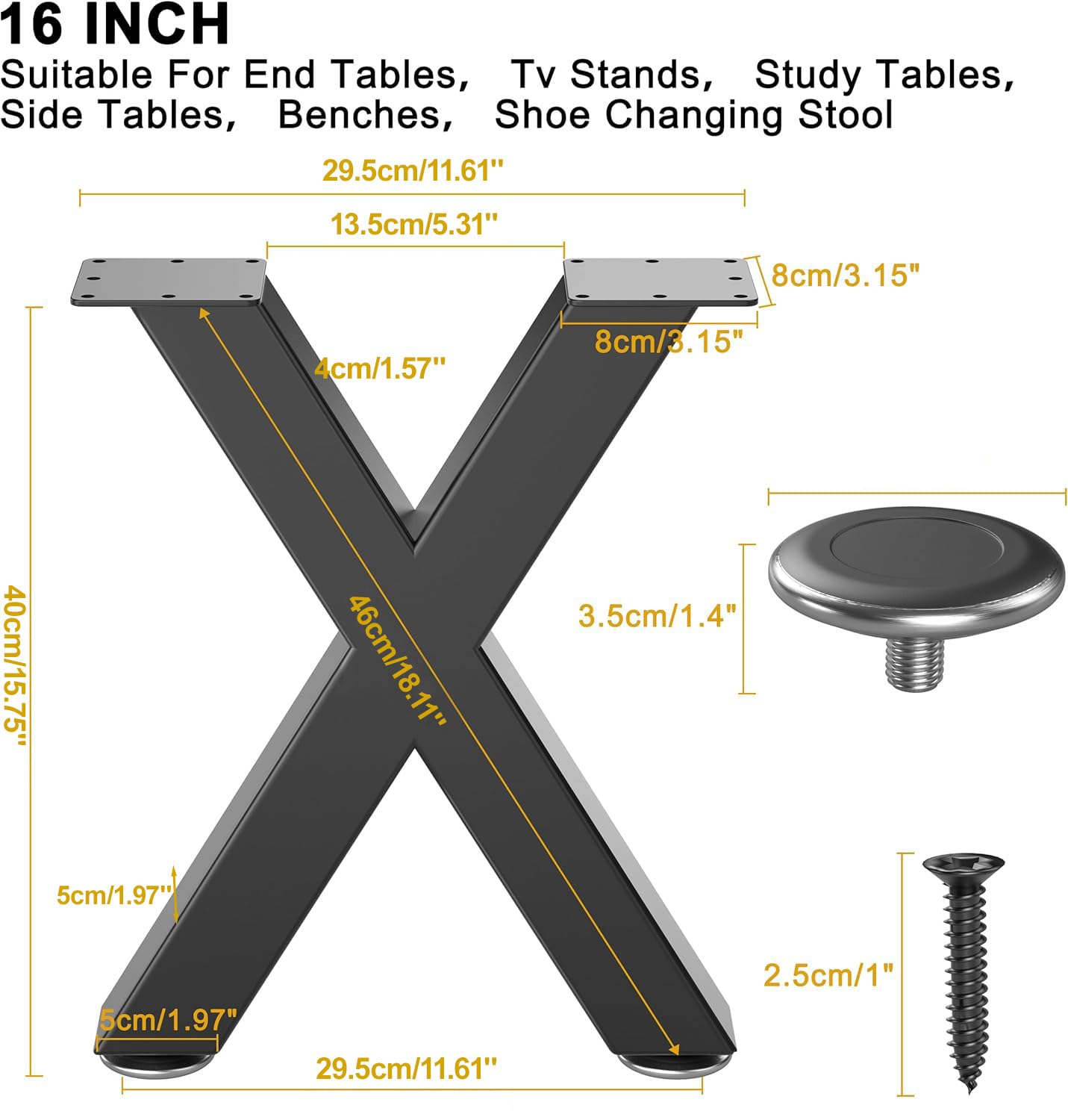 16'' Metall-Tischbeine, stabile Schwarze Bankbeine, geeignet für DIY-Couchtische, Esstische, Schreibtische und Bänke - Breite 30 cm x Höhe 40 cm, 2 Stück (16''X-Form)