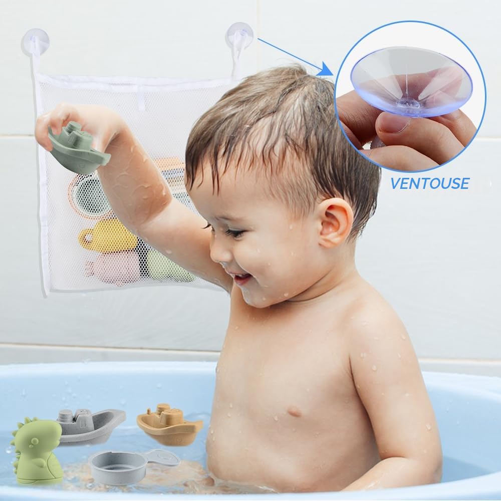 Jouet Bain Bébé, 16 Pièces Jouets de Bain Jouets à Presser Sensoriels avec Bateaux Empilables et Cuillère, Jeux de Bain Jouets de Douche de Bébé Amusants Jouets Flottants pour Bebe Enfant