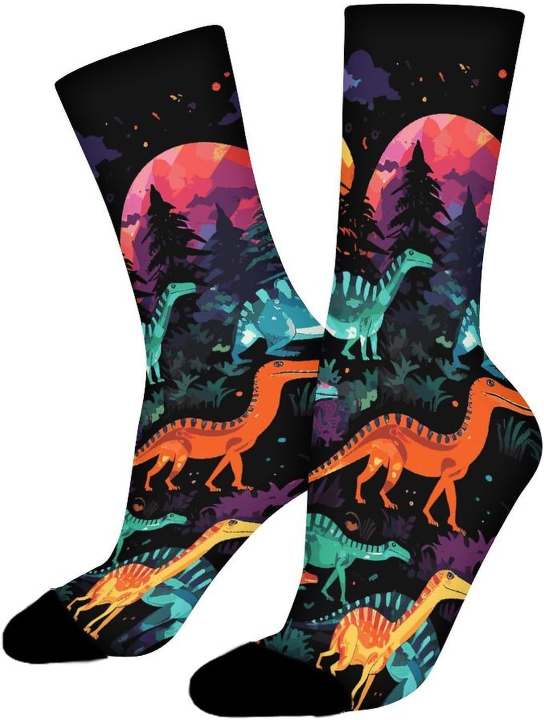 Moisture Wicking Socks, Breathable, Lightweight Crew Sock, Casual | Colorful Dinosaurs on Black Background Work Socks for Women Men, Elastic Soft Boot Socks for Travel, Seamless