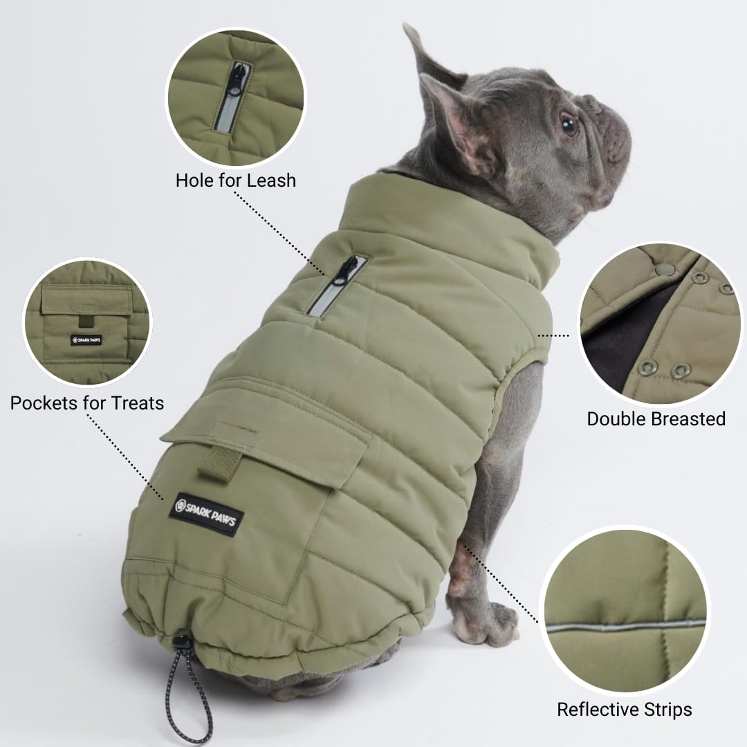 Spark Paws Dog Winter Jacket, Water-Resistant Coat, Warm Reflective Windproof Fleece-Interior, For Medium and Large Dog- Olive - M - Image 4