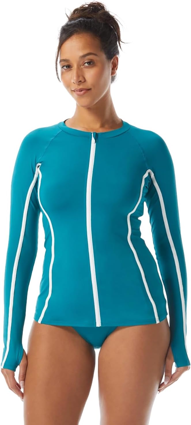 BEACH HOUSE Long Sleeve Rash Guard — 50+ UPF Swimsuit Jacket — Lagoon Green with Piping, Small