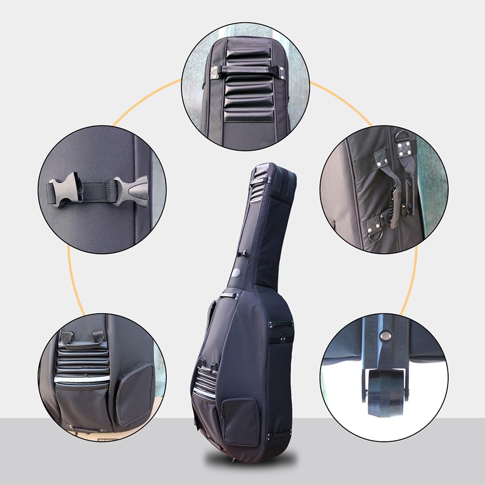 Borsa per Contrabbasso Verticale 3/4 con Ruote - Borsa per Contrabbasso in Tessuto Oxford con Fodera Spessa, Tasche Multiple con robuste Maniglie e Cinghie (Grigio) (Nero)