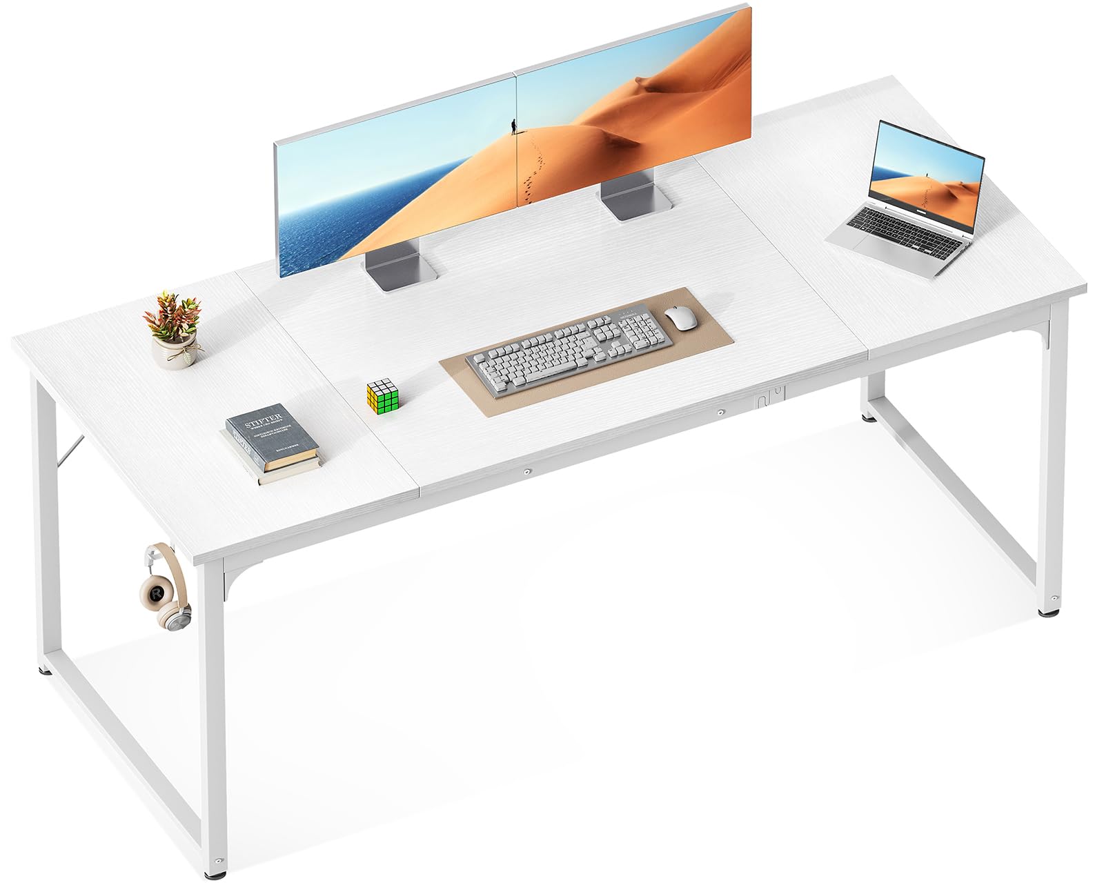 ODK 63 Inches Large Computer Desk for Home Office, Modern Desk for Small Spaces, Writing Desk with Headphone Hooks, White