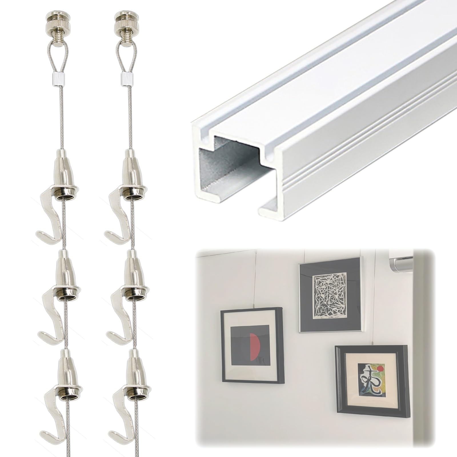 Cimaise Système de suspension de tableaux de 1,5 m, kit de rail décoratif réglable pour galerie, rail d'affichage photo robuste pour bibliothèques(White,4.9 ft/1.5 m cable(3 hooks))