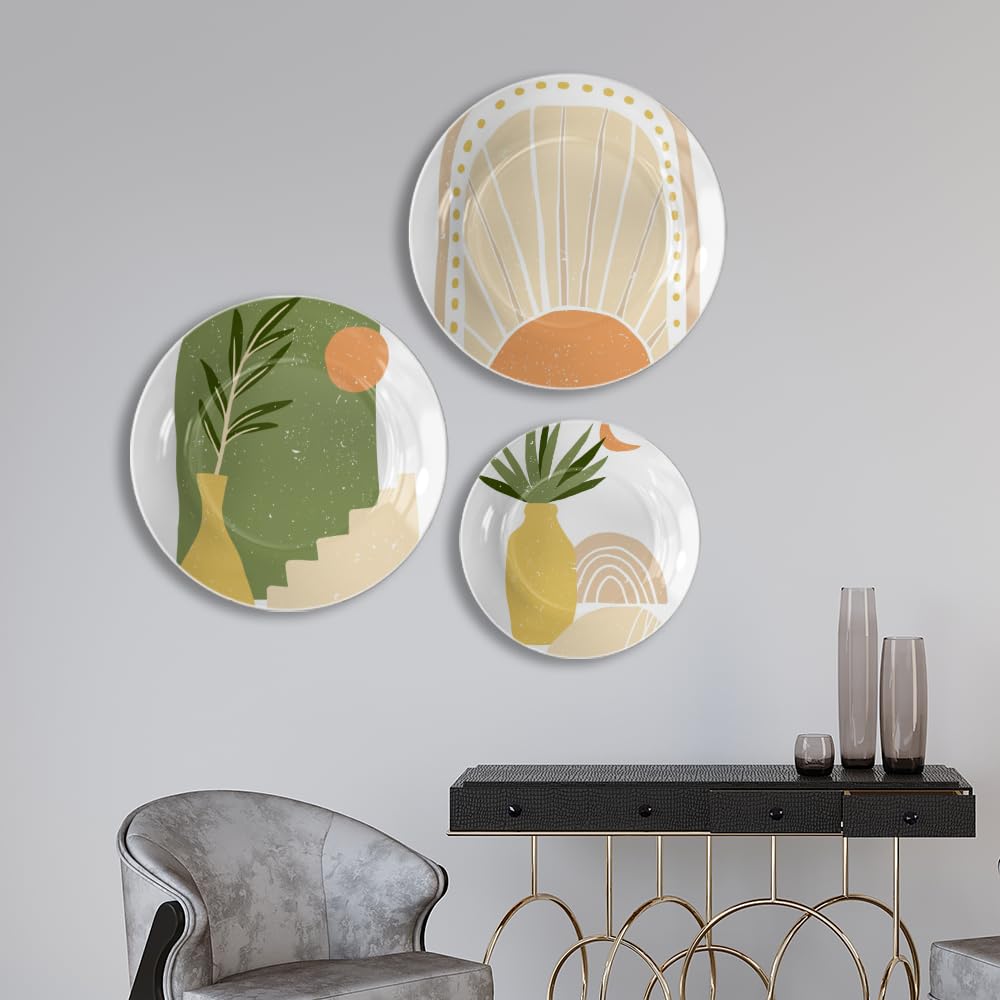Boho Abstract Decorative Ceramic Wall Plates Set of 3 for Home Decor|Sun, Vase & Botanical Motifs|Modern Minimalist Wall Art|Neutral & Earthy Tones Decor|Living Room & Bedroom Gift