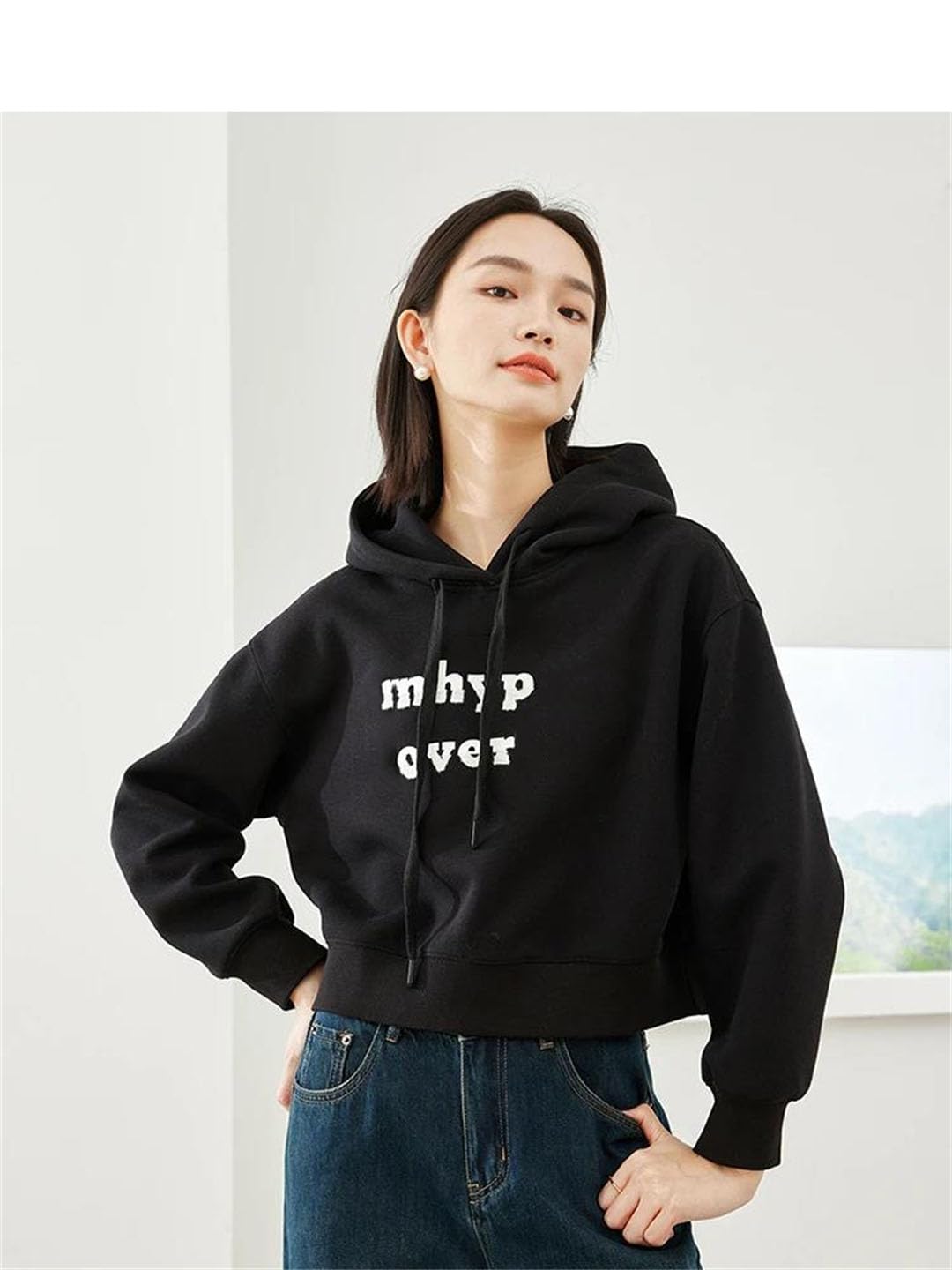 Sudadera corta con capucha para mujer, con estampado de letras, holgada, de manga larga