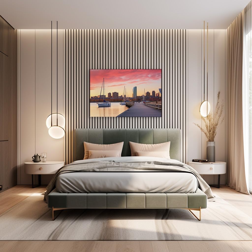 Canvas for Living room. Urban Serenity: Sunset Sailboats and Pier Against City Backdrop, 27 x 18 inch Canvas Wall Art - Contemporary Masterpieces - Modern Home Decor - 69x46 cm (27x18 inch)