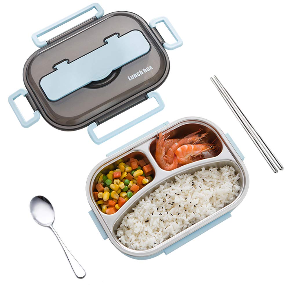 amropi Bento Box Stainless Steel Lunch Containers 2/3/4/5 Compartment Food Storage with Chopsticks and Spoon (Blue, 3 Compartment)
