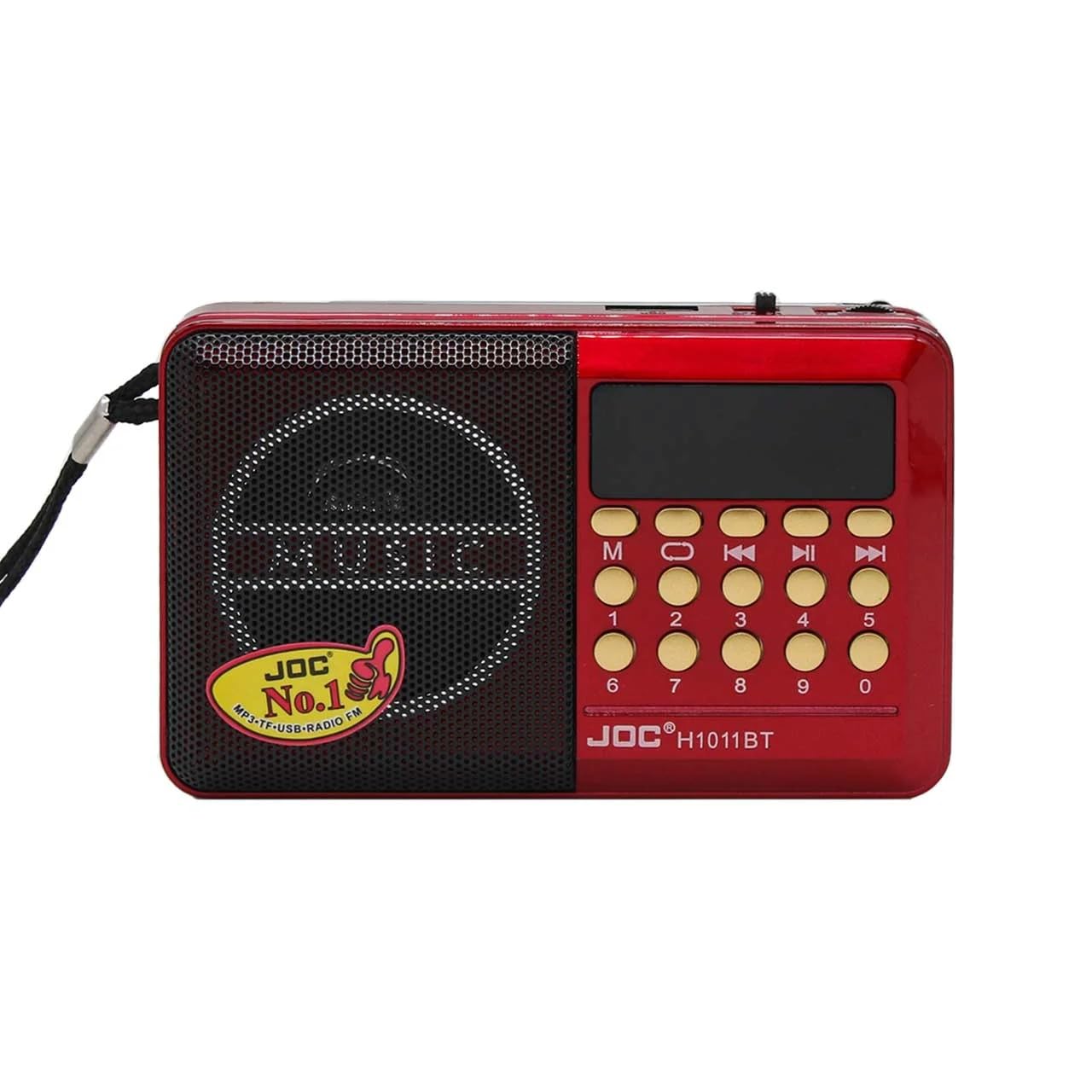 Front view of the JOC H1011BT portable digital FM radio, showing the speaker grille, digital display, and control buttons.