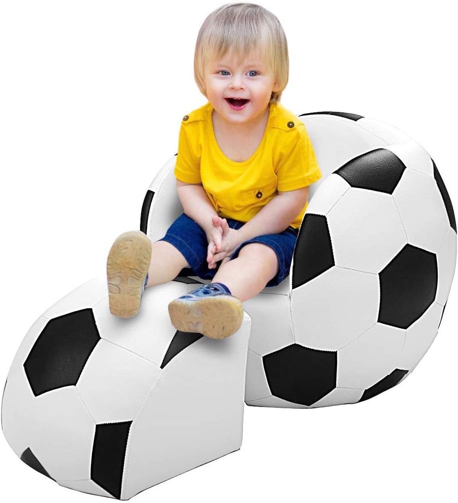 Football Kids Sofa Chair with Ottoman, Children Armchair with Footstool, White and Black