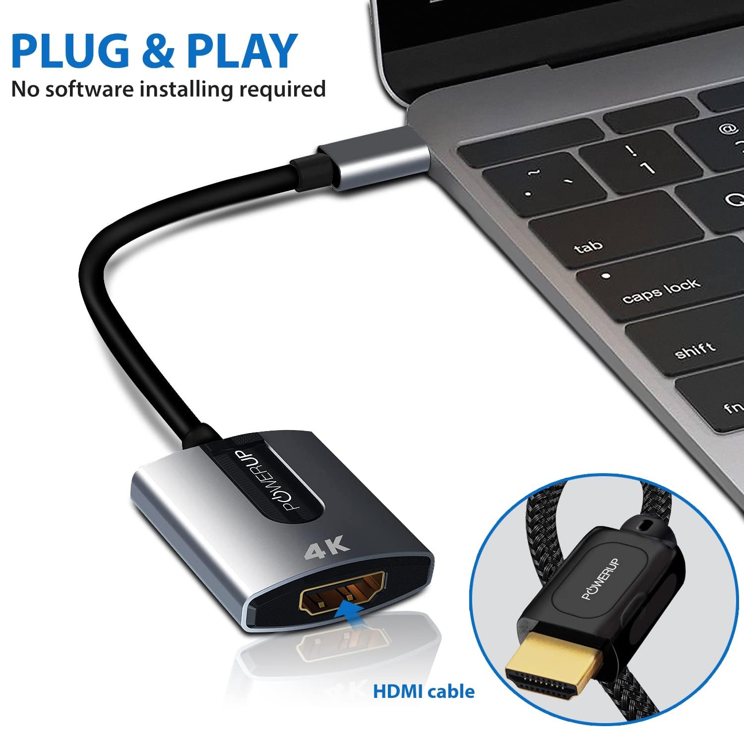 POWERUP by GRIPP Mini Type-C to HDMI Female Adapter Cable with 24K Gold-Plated Connectors, 4K Ultra HD Video & Audio Output for Laptop, Tablet, Smartphone, Monitor, TV, PC & Projector 12 cm - Gunmetal 1