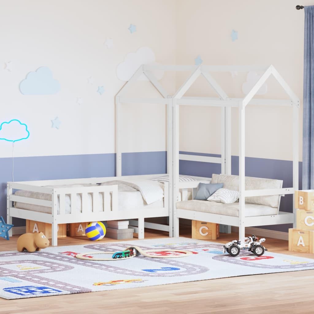 Giroletto Bianco con Panca e Tetto 80x200cm Legno Massello Pino Letto per Bambini con Sponde Schienale Telo Tenda per Cameretta Divertente Design Moderno
