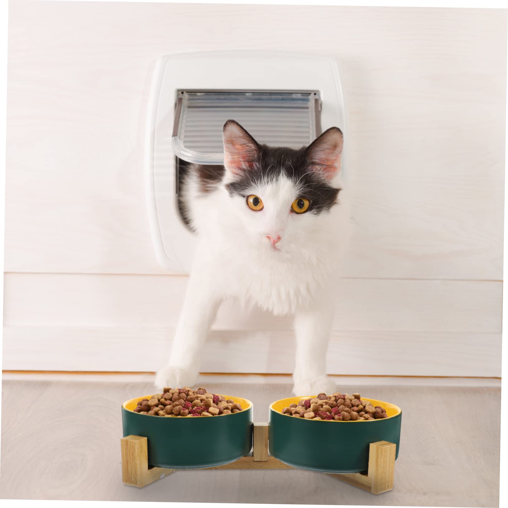 Sosoport Cuenco De Cerámica Bicolor con Soporte De Madera Comedero Práctico para Gatos y Gatitos
